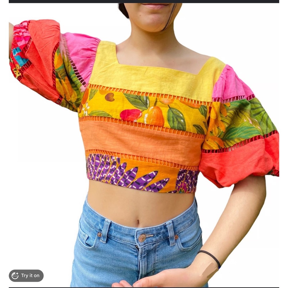Farm Rio Mixed Fruit Patchwork Crop‎ Top Puff Sleeve Linen Blouse Multi Color S